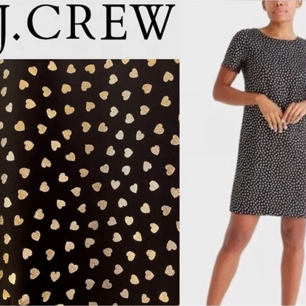 ❤️❤️ J. Crew Heart Print Sheath Shift Mini Dress Black Gold Metallics size 10
